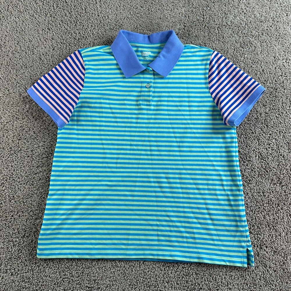 Lands' End Blue and Purple Striped Short Sleeve Polo